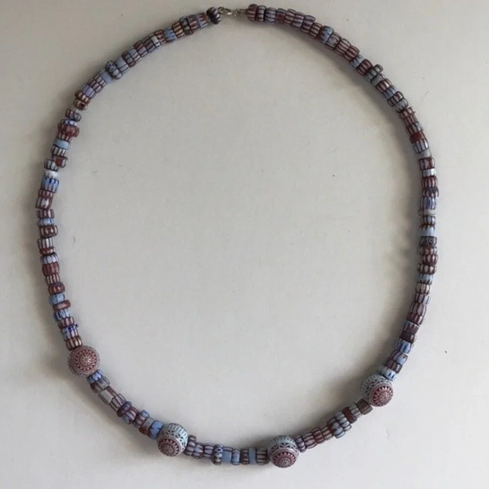 Vintage Handmade Glass Mosaic Chevron Bead Sterling Silver Clasp 16 In Necklace